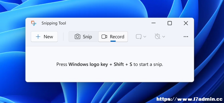 The Snipping Tool App opened with the new record option available.